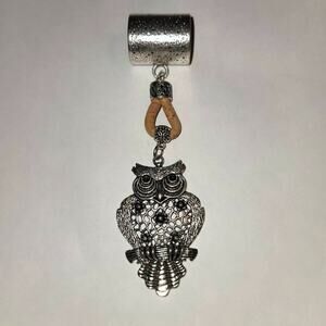 NEW silvertone Black Aged Filigree Metal Scarf Purse Slide Cork Rope OWL
